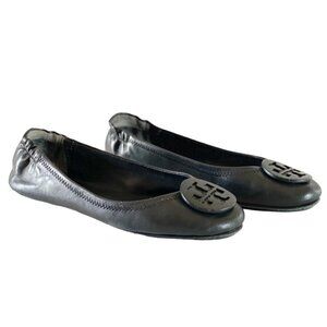 Tory Burch Minnie Travel Leather Ballet Flats 6.5 Black Logo Napa Rubber Sole